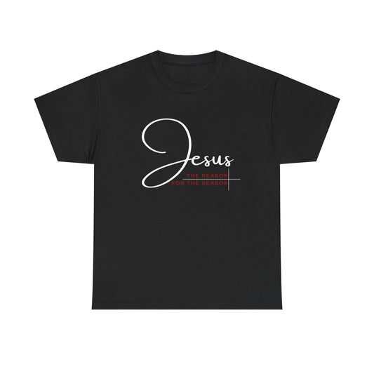 Front view of Reason for the Season Black Christian Tee. This Christmas tee is perfect for the Holiday season to wear the true meaning of Christmas in style.