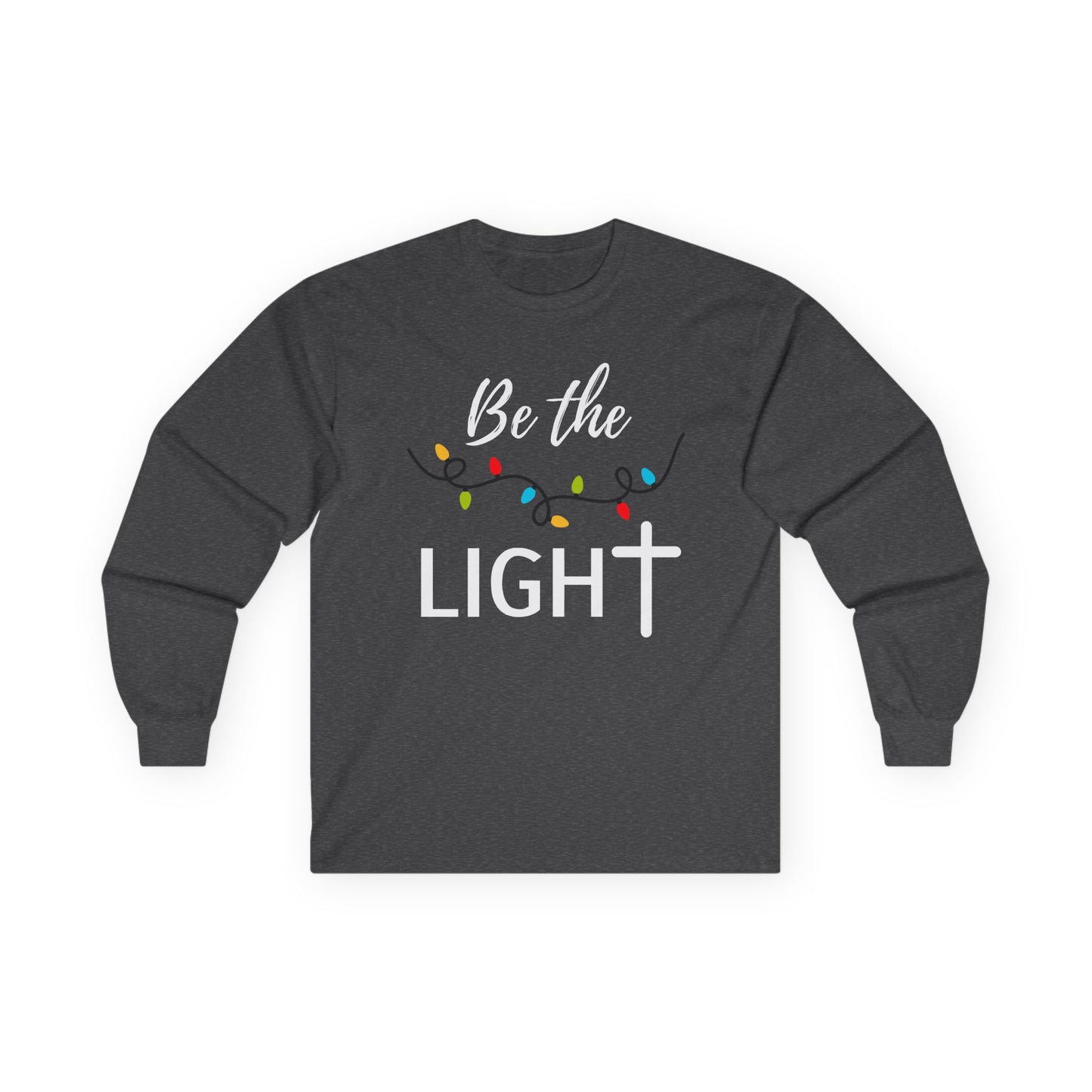 Front view of Be the Light Christian t-shirt with Christmas lights design — faith-based holiday shirt inspired by perfect Christmas Christ gift.