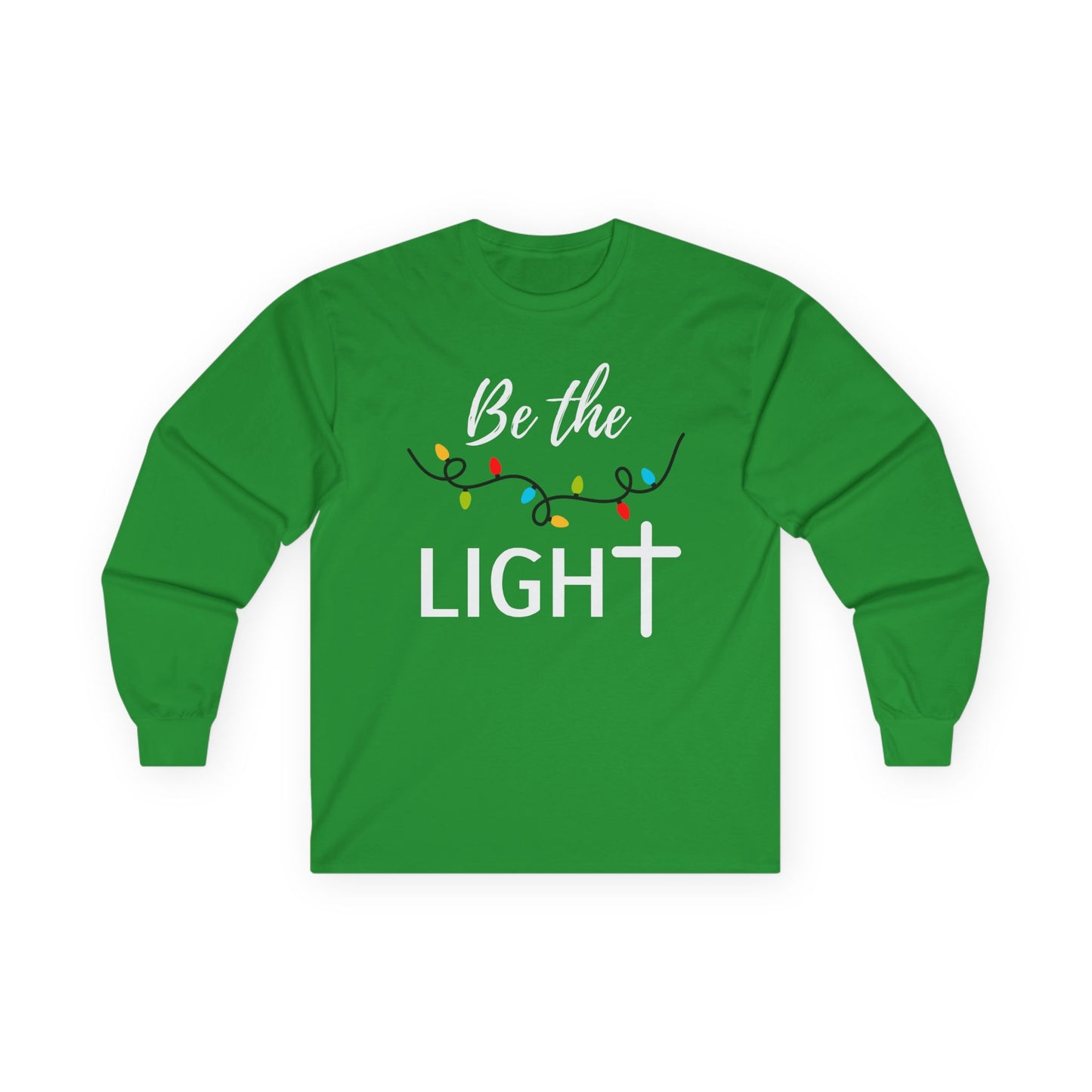 Front view of Be the Light Christian t-shirt with Christmas lights design — faith-based holiday shirt inspired by perfect Christmas Christ gift.