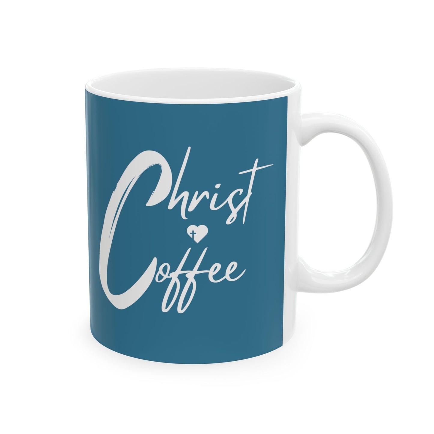 Front view of Christ and Coffee Christian coffee mug in blue with white script lettering. This is the perfect Christ gift for Christians to start their day thinking of the word of God. This ceramic mug will be an everyday essential.