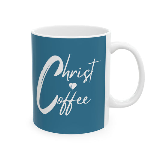 Front view of Christ and Coffee Christian coffee mug in blue with white script lettering. This is the perfect Christ gift for Christians to start their day thinking of the word of God. This ceramic mug will be an everyday essential.