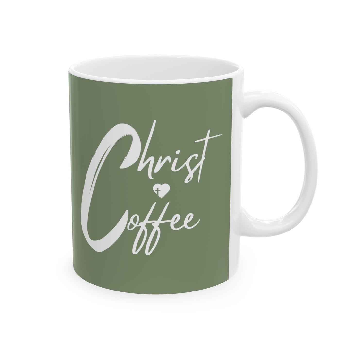 Front view of Christ and Coffee Christian coffee mug in green with white script lettering. This is the perfect Christ gift for Christians to start their day thinking of the word of God. This ceramic mug will be an everyday essential.