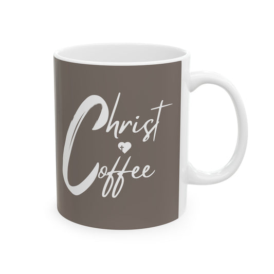 Front view of Christ and Coffee Christian coffee mug in tan with white script lettering. This is the perfect Christ gift for Christians to start their day thinking of the word of God. This ceramic mug will be an everyday essential. 