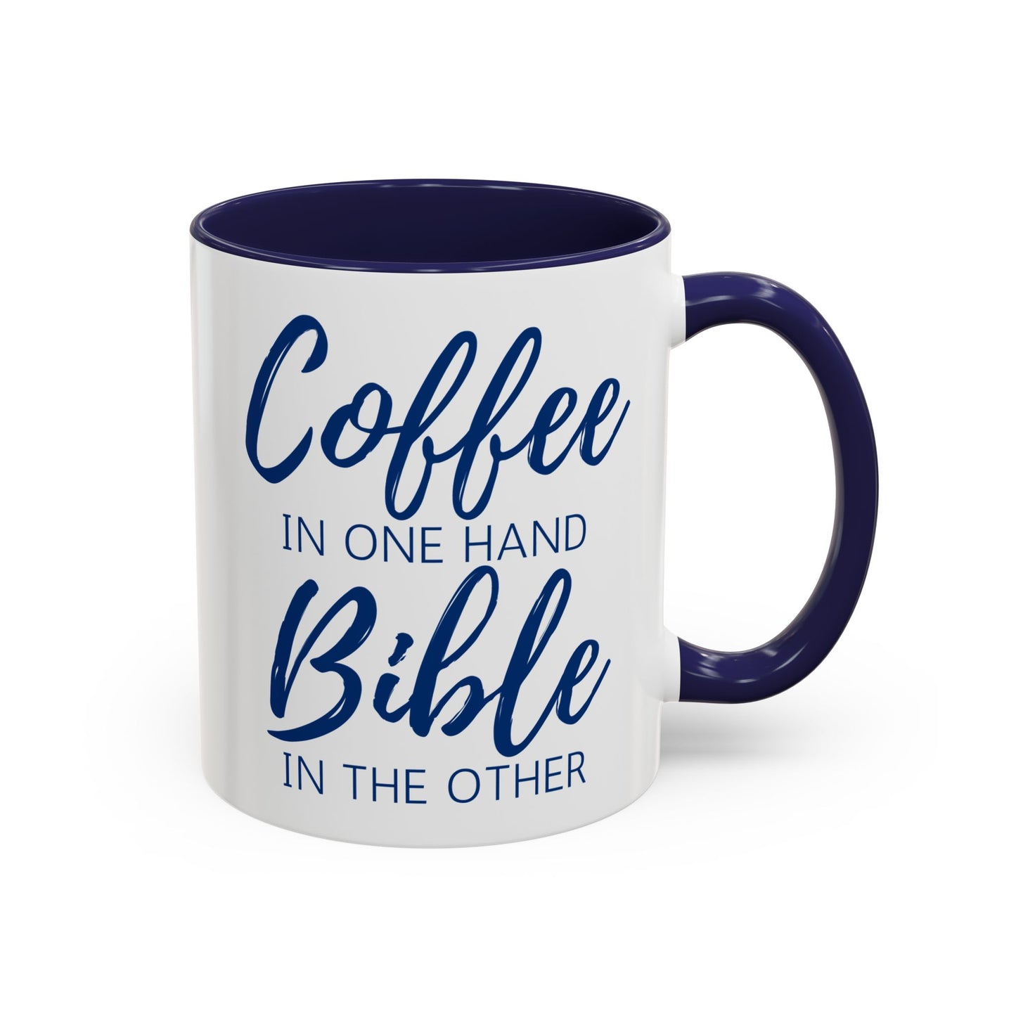 White and Navy ceramic mug with script writing. The perfect Christ gift to start your day with the Lord. 