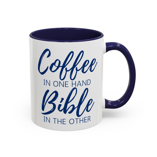 White and Navy ceramic mug with script writing. The perfect Christ gift to start your day with the Lord. 