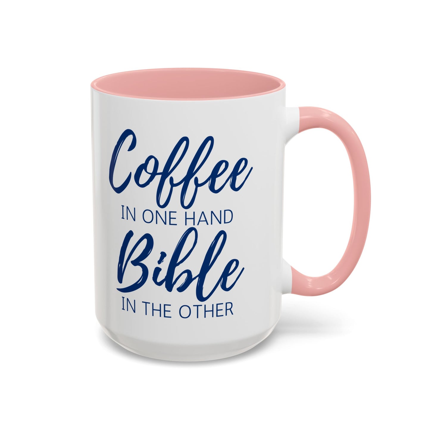 Front view of pink and navy ceramic mug. The perfect Christ gift to give to show your faith. This Christian Coffee Mug reminds us of the importance of God every day. 