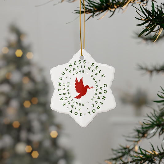 Snowflake Ceramic Ornament with the Fruit of the Spirit hanging from Christmas tree decor. 