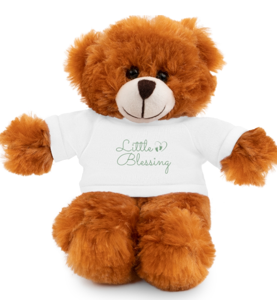 Front View Little Blessing plush toy featuring a soft, cuddly design and faith-inspired message. Christian themed clothing bear is a perfect Christian gift for babies and children.