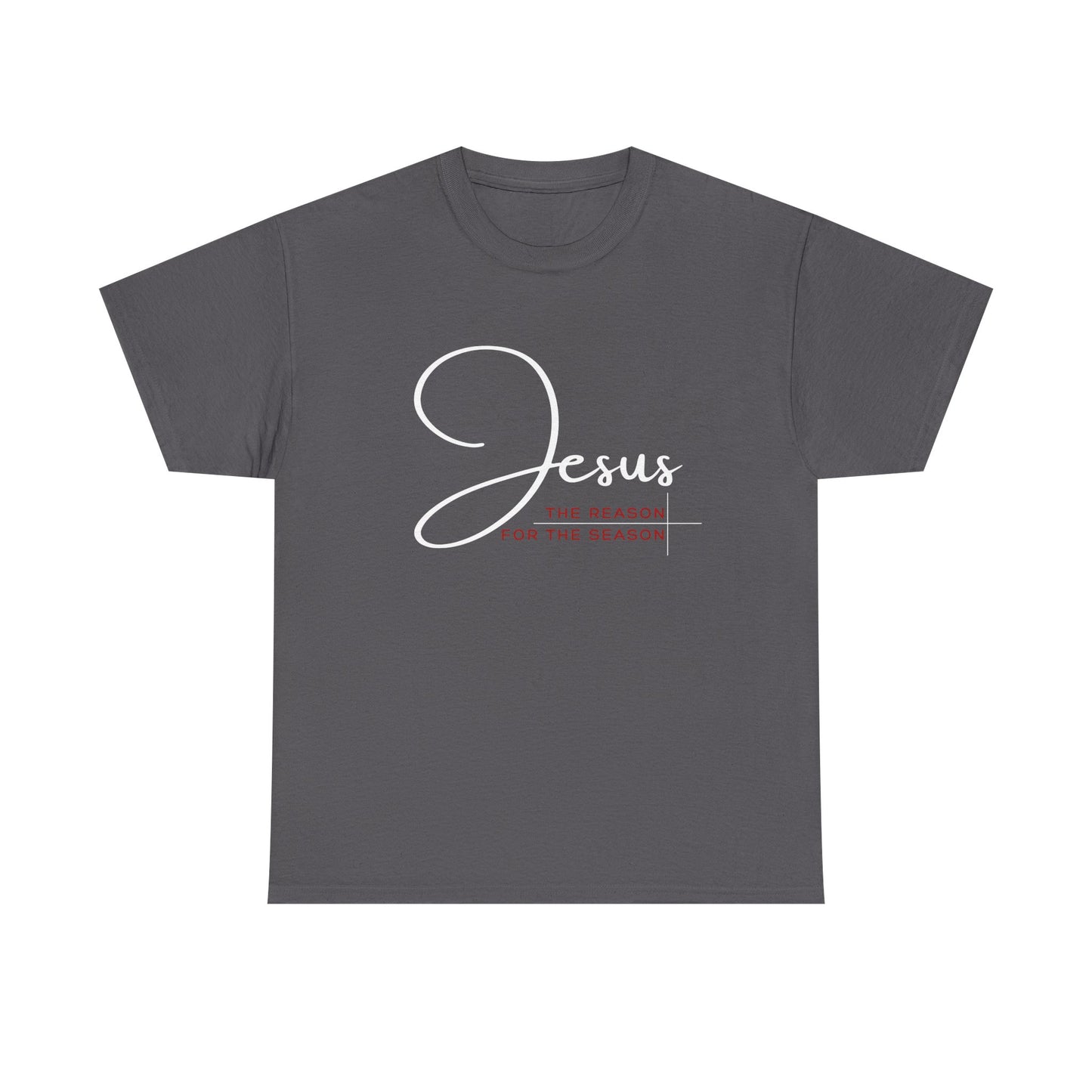 Front view of Reason for the Season Gray Christian Tee. This Christmas tee is perfect for the Holiday season to wear the true meaning of Christmas in style. 