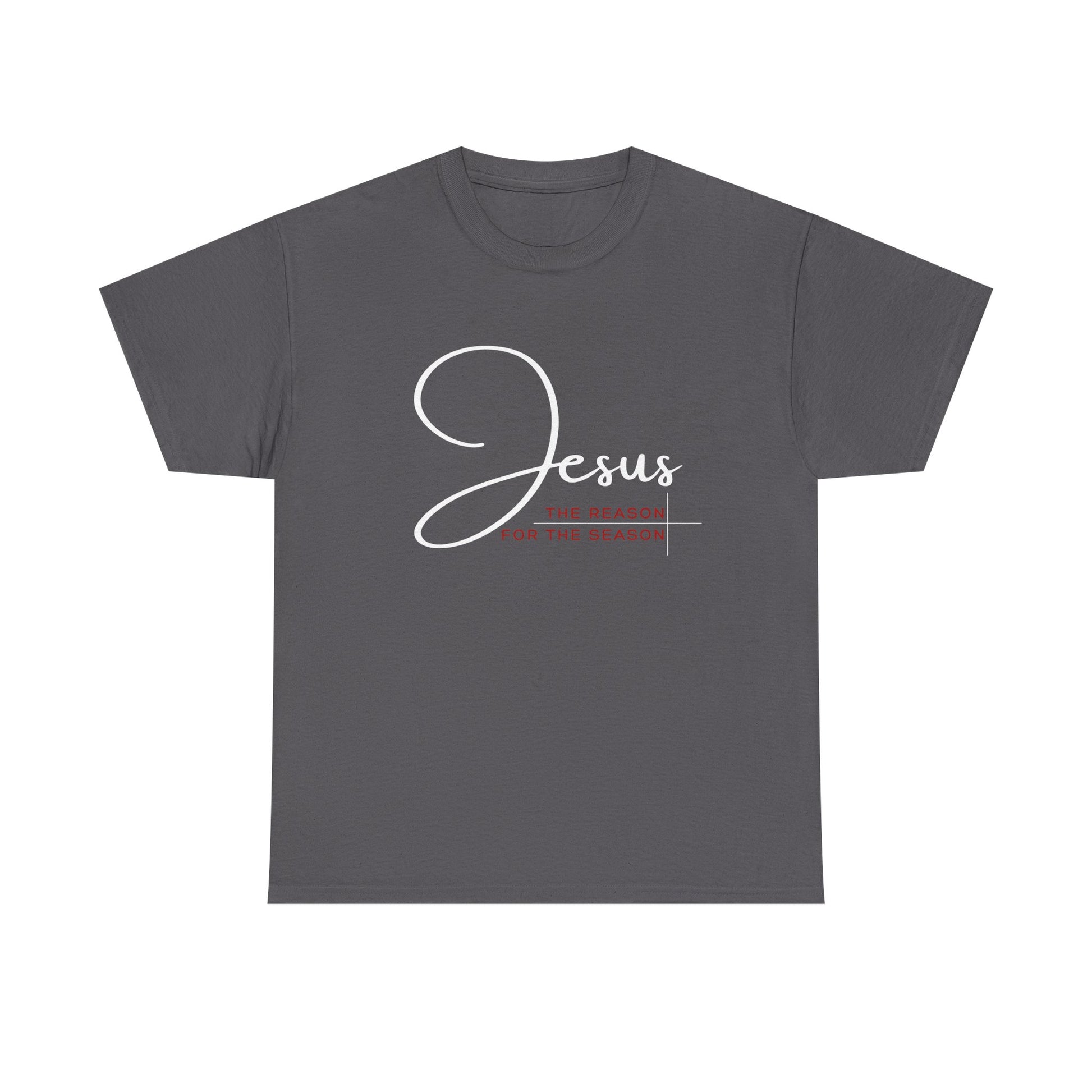 Front view of Reason for the Season Gray Christian Tee. This Christmas tee is perfect for the Holiday season to wear the true meaning of Christmas in style. 