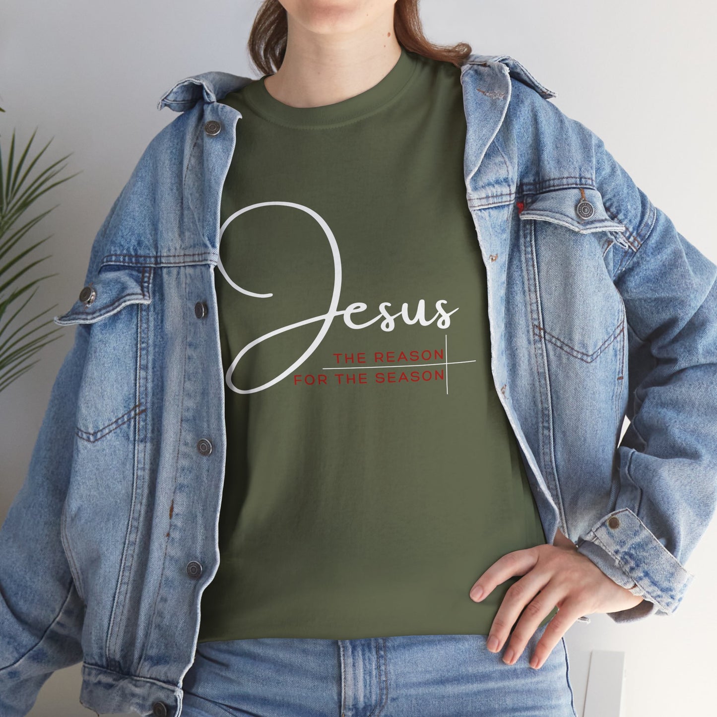 Front view of Reason for the Season Green Christian Tee. This Christmas tee is perfect for the Holiday season to wear the true meaning of Christmas in style. 