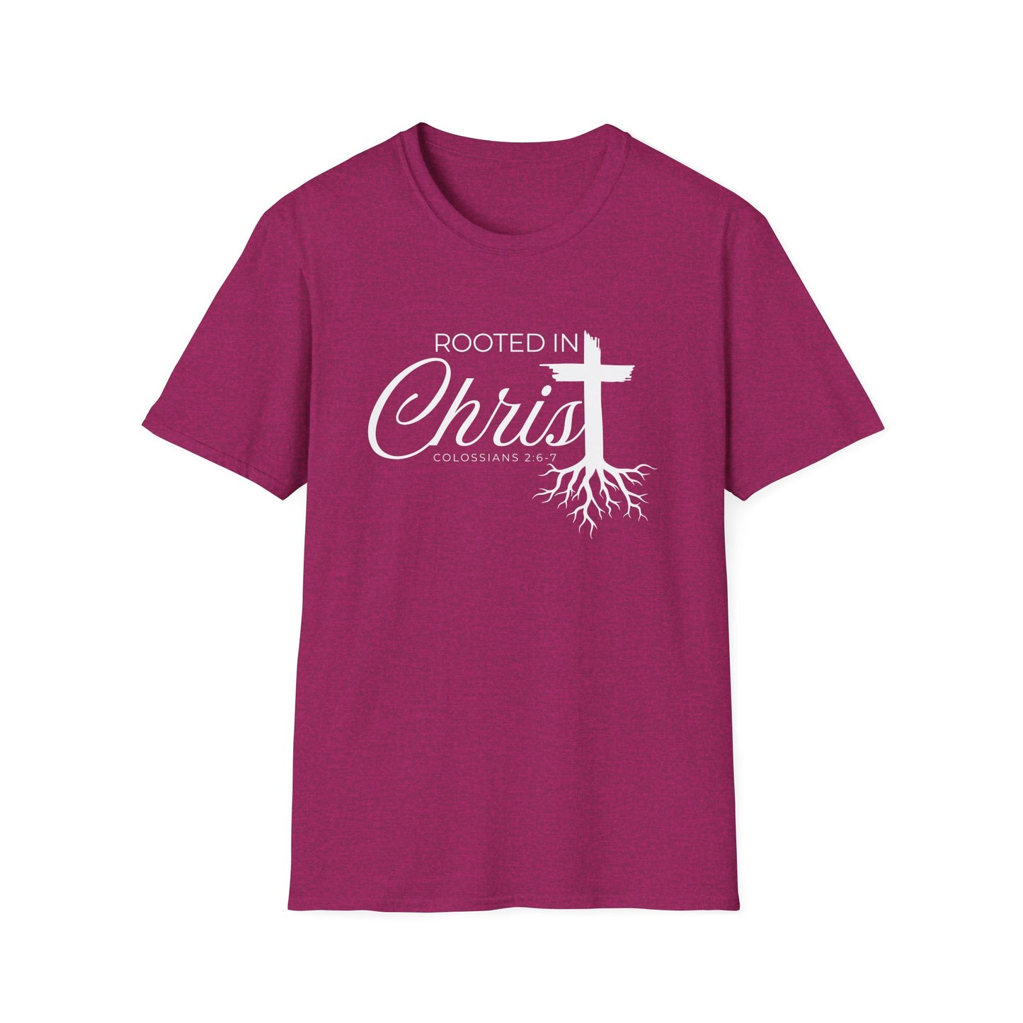 Front view of Rooted in Christ shirt. This Christian shirt for men and women in the perfect way to share your faith and start a faith-based conversation. 
