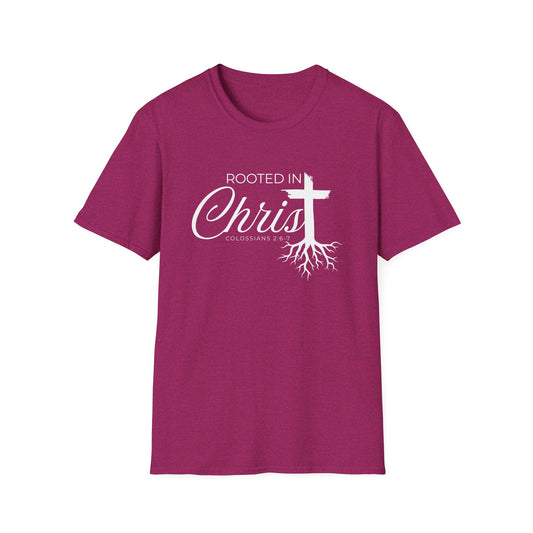 Front view of Rooted in Christ shirt. This Christian shirt for men and women in the perfect way to share your faith and start a faith-based conversation. 