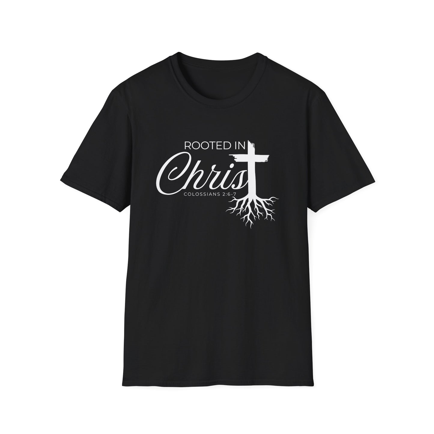 Front view of Rooted in Christ shirt. This Christian shirt for men and women in the perfect way to share your faith and start a faith-based conversation. 