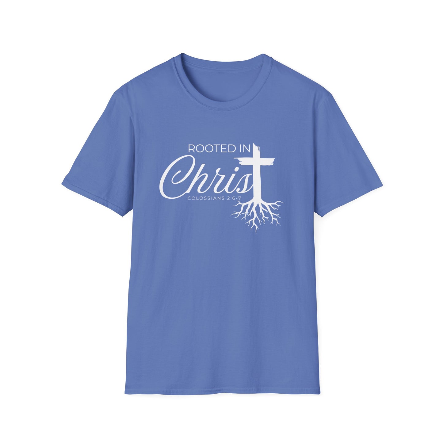 Front view of Rooted in Christ shirt. This Christian shirt for men and women in the perfect way to share your faith and start a faith-based conversation. 