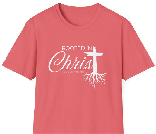 Front view of Rooted in Christ shirt. This Christian shirt for men and women in the perfect way to share your faith and start a faith-based conversation. 