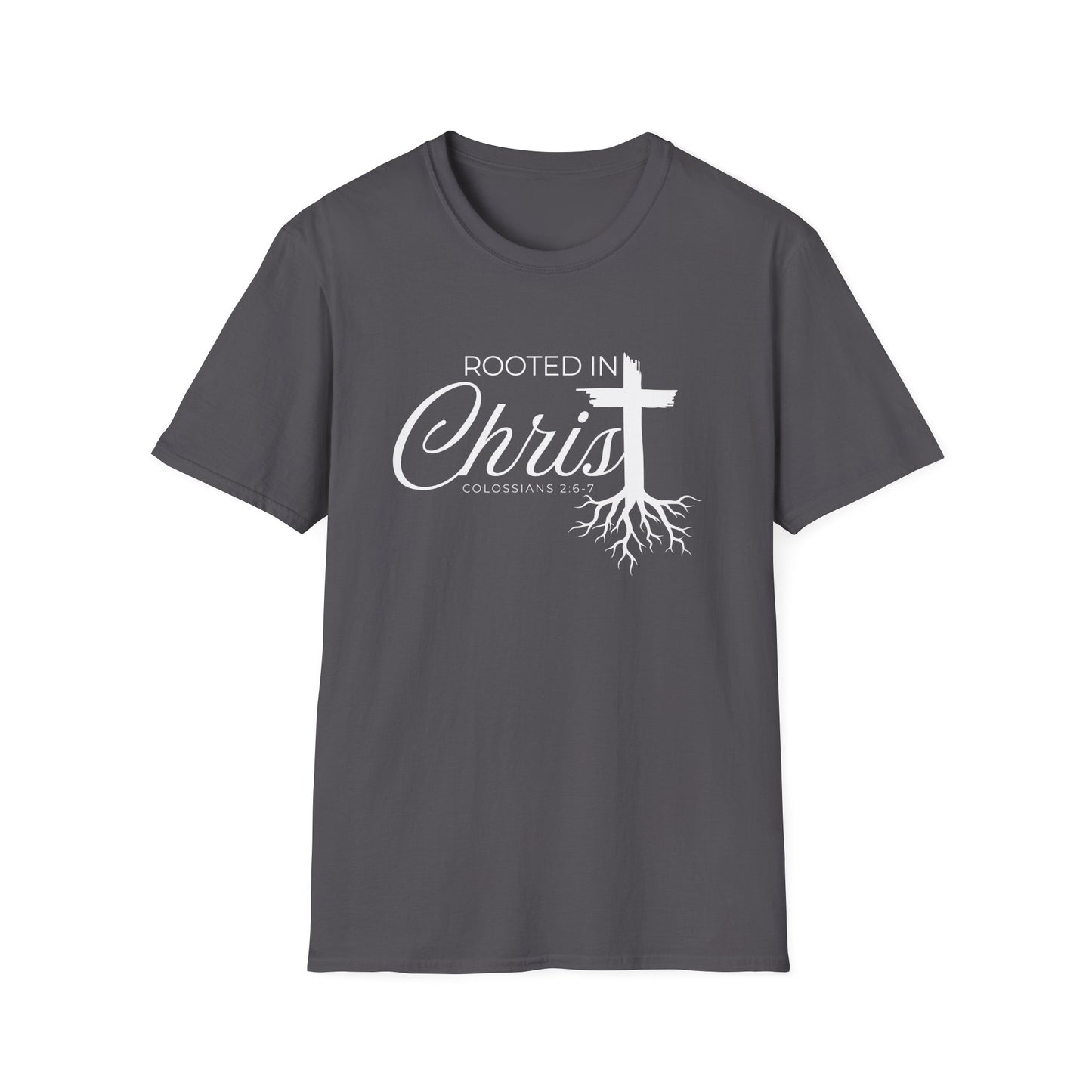 Front view of Rooted in Christ shirt. This Christian shirt for men and women in the perfect way to share your faith and start a faith-based conversation. 