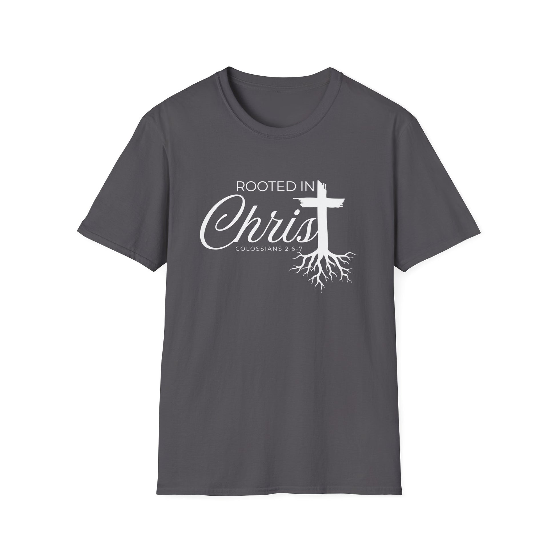 Front view of Rooted in Christ shirt. This Christian shirt for men and women in the perfect way to share your faith and start a faith-based conversation. 