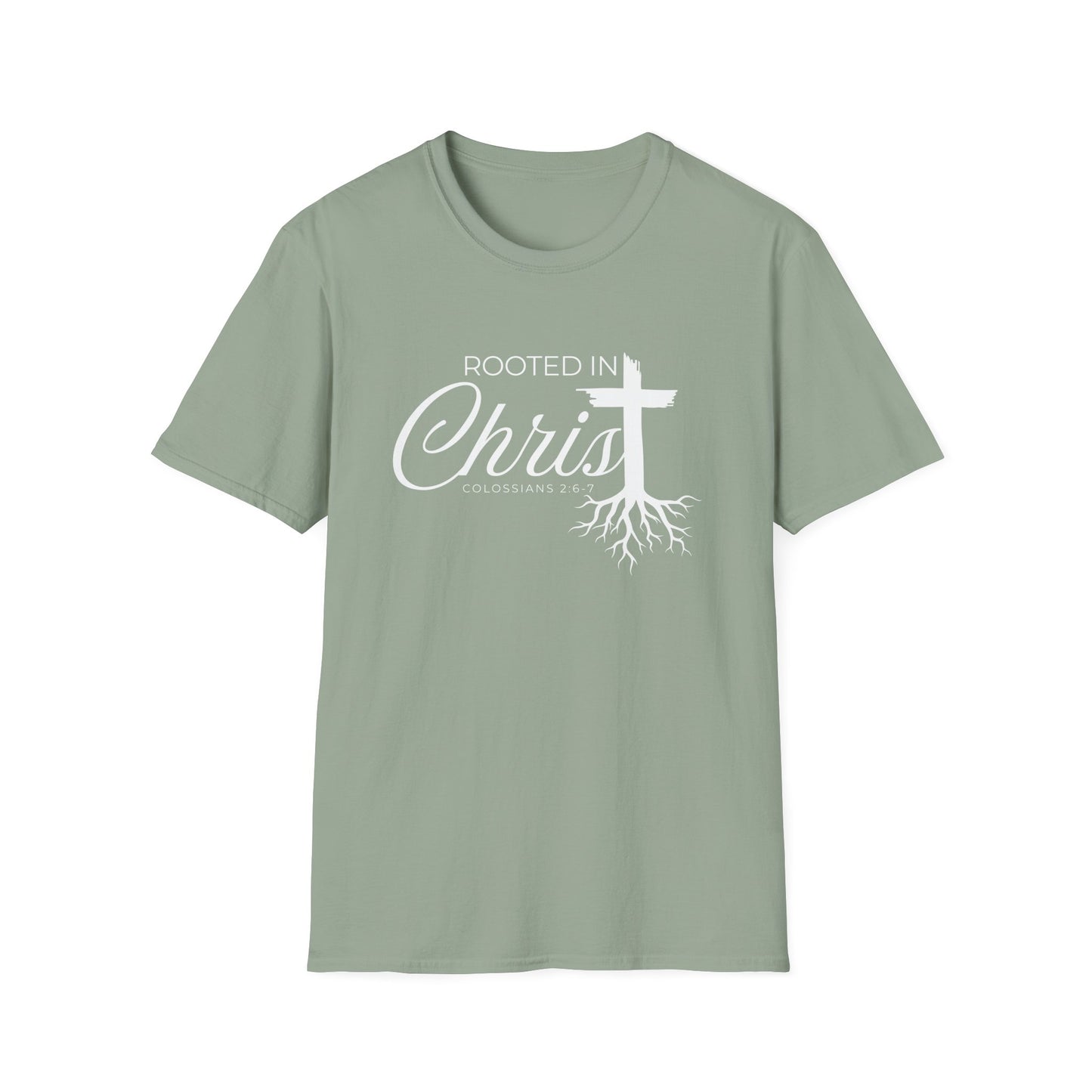 Front view of Rooted in Christ shirt. This Christian shirt for men and women in the perfect way to share your faith and start a faith-based conversation. 