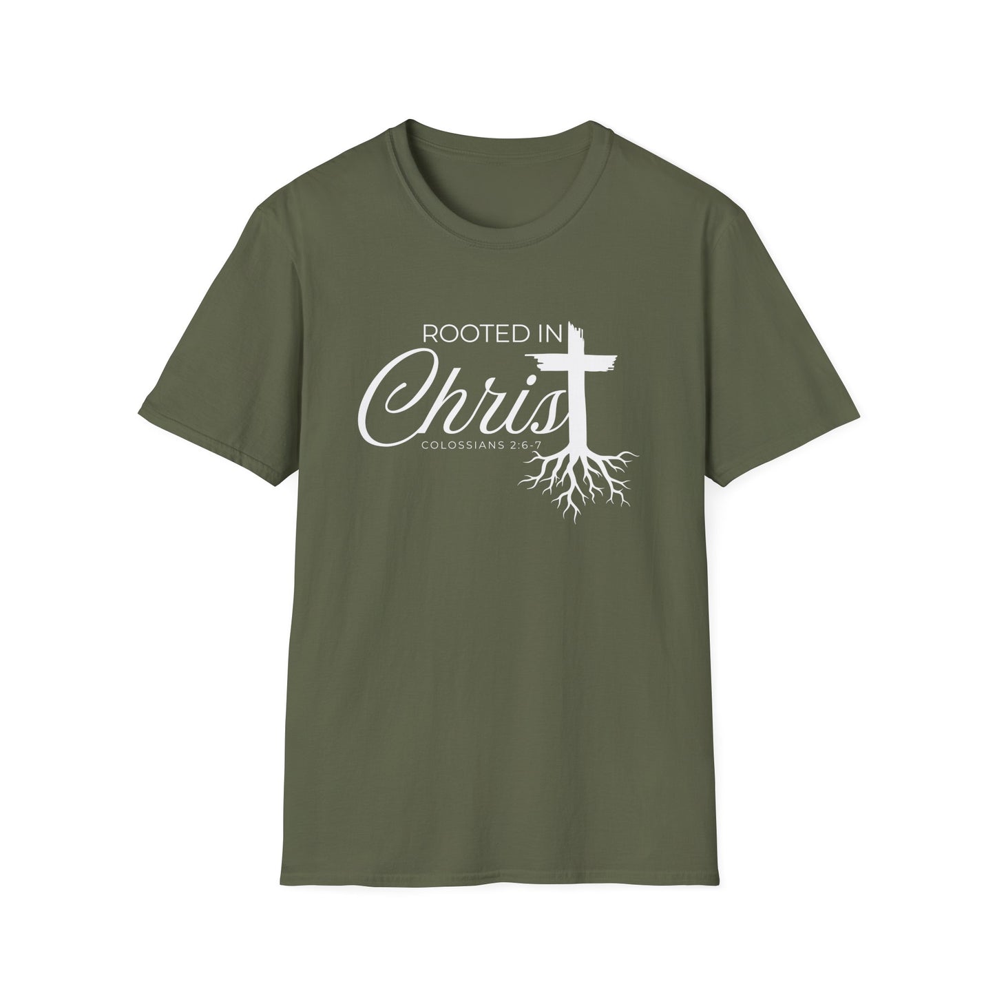 Front view of Rooted in Christ shirt. This Christian shirt for men and women in the perfect way to share your faith and start a faith-based conversation. 