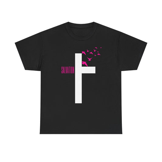 Front view of Salvation Cross Shirt featuring a bold cross design symbolizing Jesus’ sacrifice and the gift of salvation. This Chrisitan t-shirt is the perfect way to wear your faith proudly. Christian themed clothing makes a statement in the way we spread God’s word. 