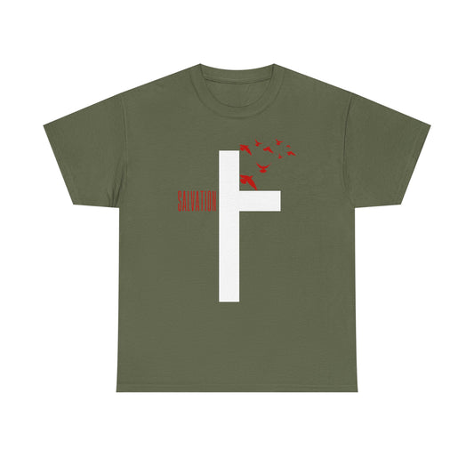 Salvation Cross Shirt featuring a bold cross design symbolizing Jesus’ sacrifice and the gift of salvation. This Chrisitan t-shirt is the perfect way to wear your faith proudly. Christian themed clothing makes a statement in the way we spread God’s word. 