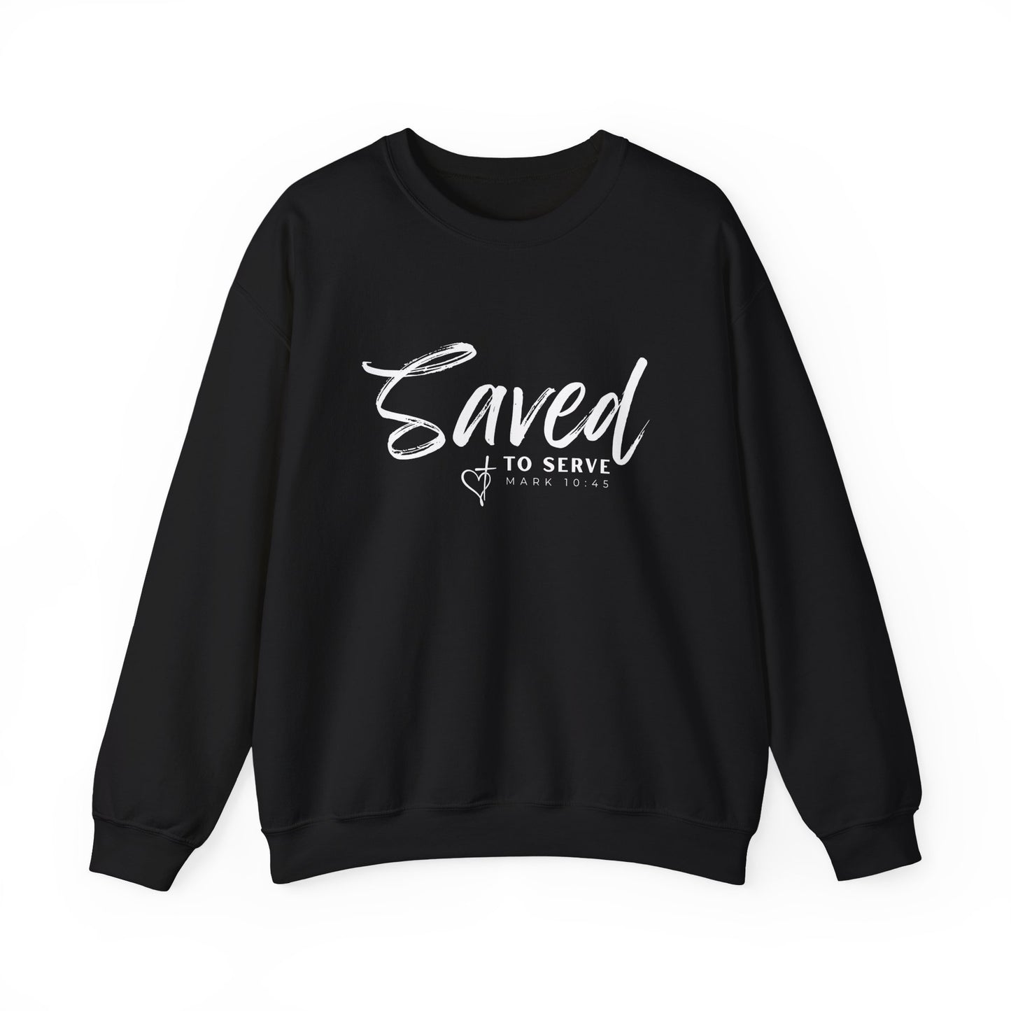 Front view of black Saved to Serve Crewneck sweatshirt. This Christian themed clothing is the perfect way to wear your faith boldly. Spreading the word of God through this bible verse sweatshirt is the purpose of serving our God. 