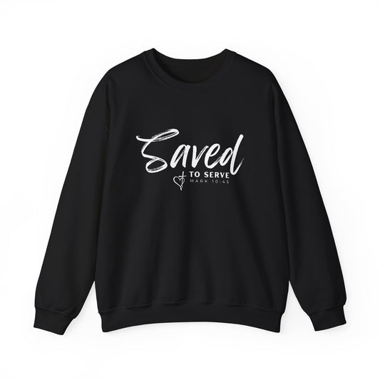 Front view of black Saved to Serve Crewneck sweatshirt. This Christian themed clothing is the perfect way to wear your faith boldly. Spreading the word of God through this bible verse sweatshirt is the purpose of serving our God. 
