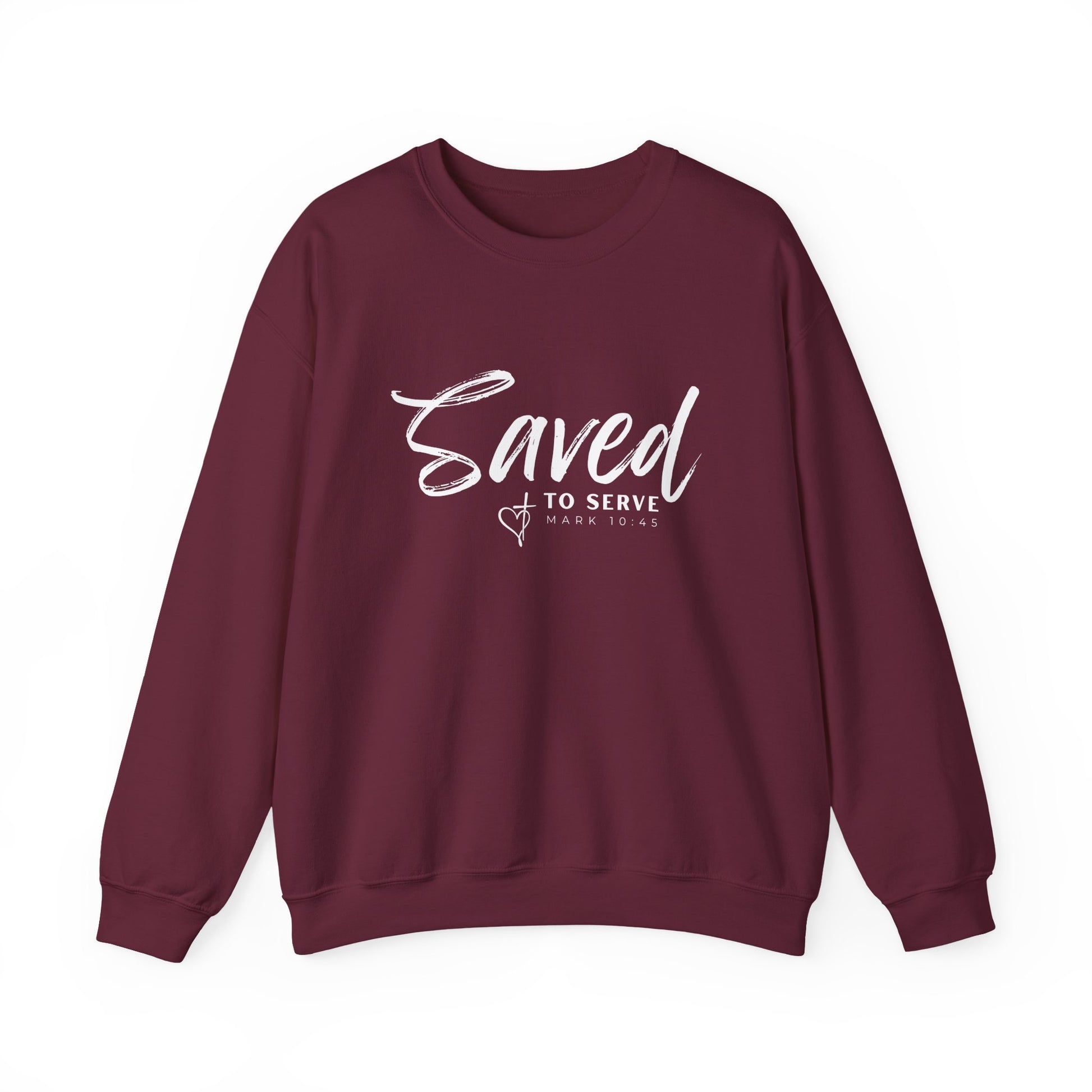 Front view of maroon Saved to Serve Crewneck sweatshirt. This Christian themed clothing is the perfect way to wear your faith boldly. Spreading the word of God through this bible verse sweatshirt is the purpose of serving our God. 